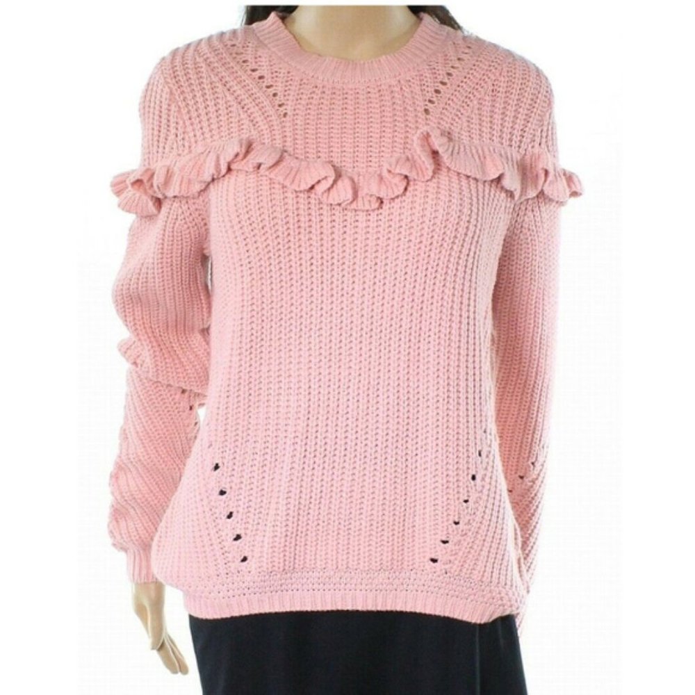 Cotton Emporium Pink Crewneck Ruffle-Trim Sweater